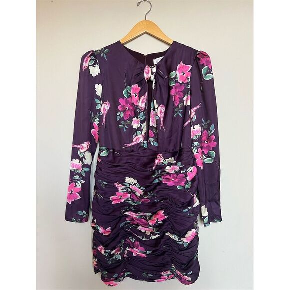 Ieena for Mac Duggal Floral Mini Dress Purple Ruched Long Sleeve Size M​ - Picture 1 of 8